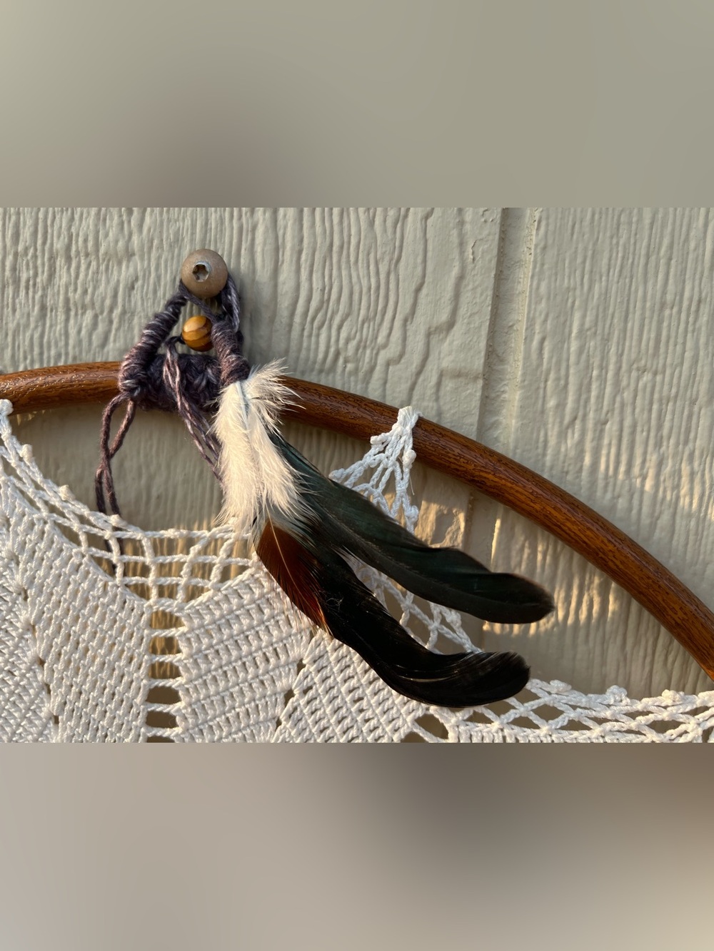 Handmade White Crochet Dreamcatcher Wall Hanging with Brown Hoop Boho Western - Picture 9 of 16